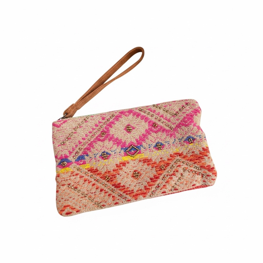 Boho Tribal Embroidered Clutch with Wristlet - Pastel Pink & Orange - EU